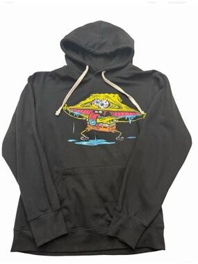 Black Sponge Bob Pullover Hoodie Colourful Cartoon Print Unisex Adult Large